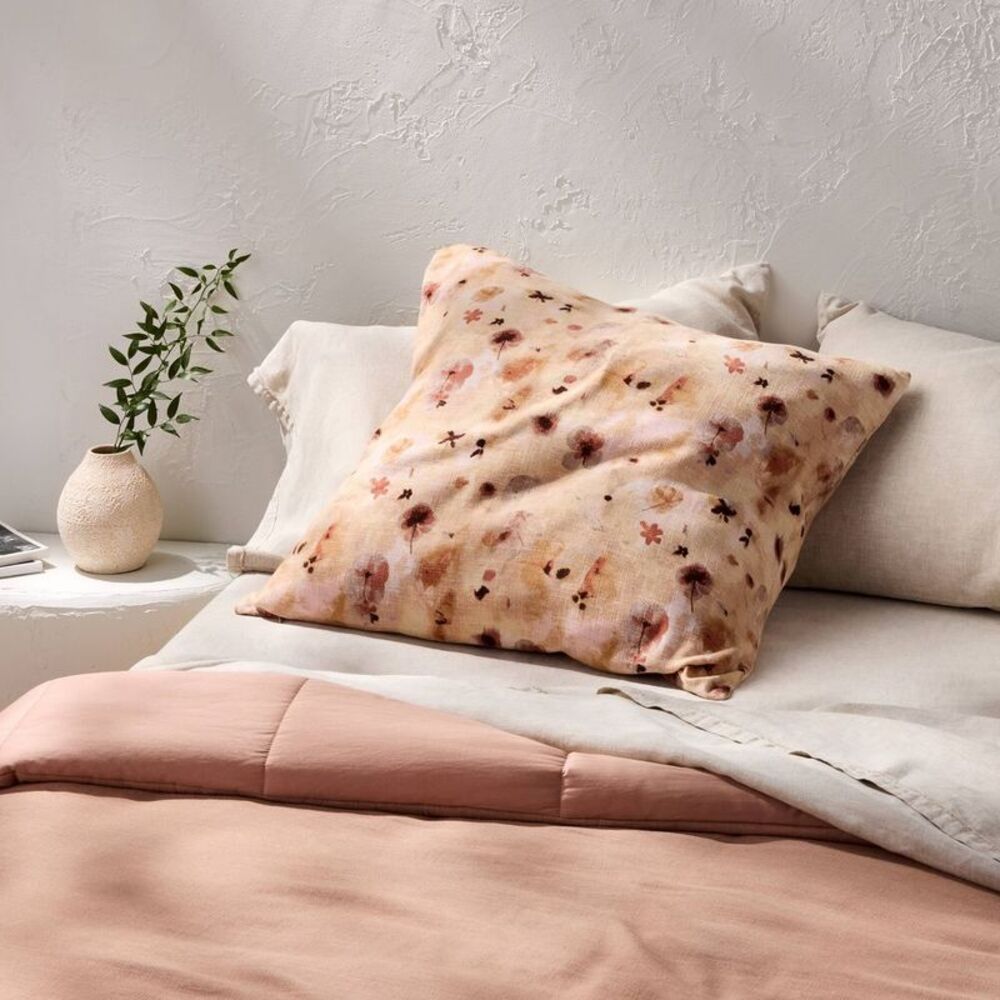 Euro Heavyweight Linen Blend Throw Decorative Pillow Pressed Floral Print -